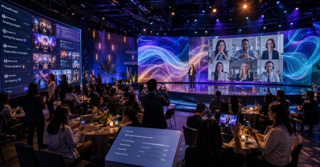 Audience interaction during a hybrid experiential event with digital and physical engagement.