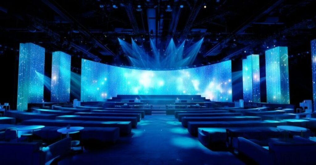 Large-scale immersive product launch stage with LED screens and audience engagement.