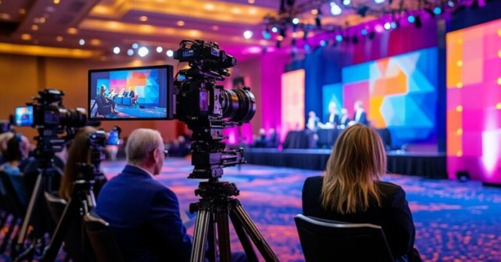 Event production team filming live product launch content and audience reactions.