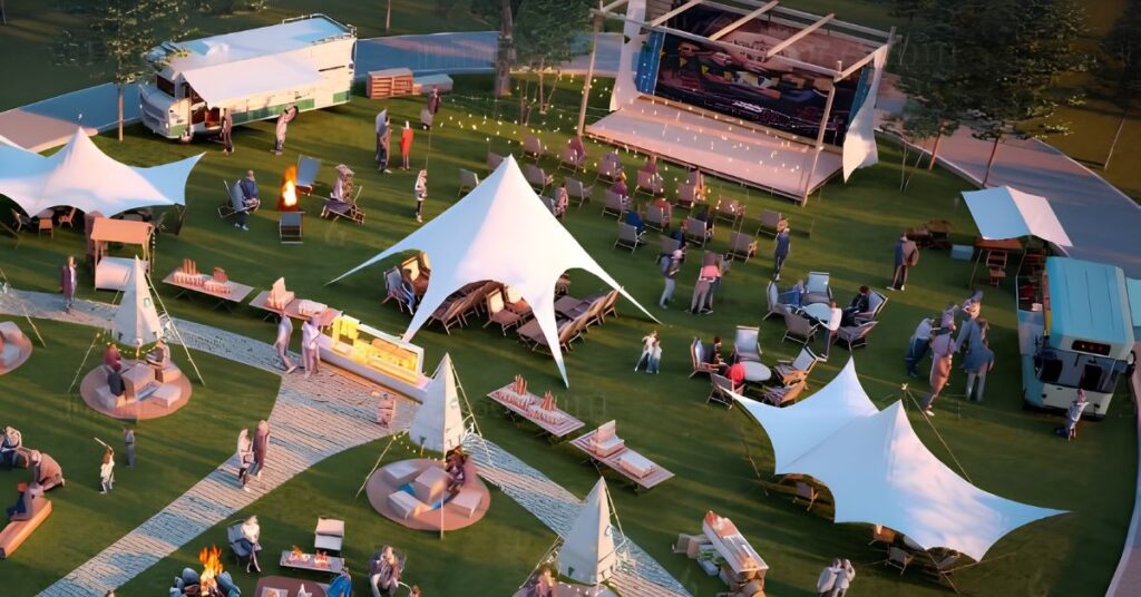 Sustainable event setup using reusable decor, natural materials and eco-friendly event branding.