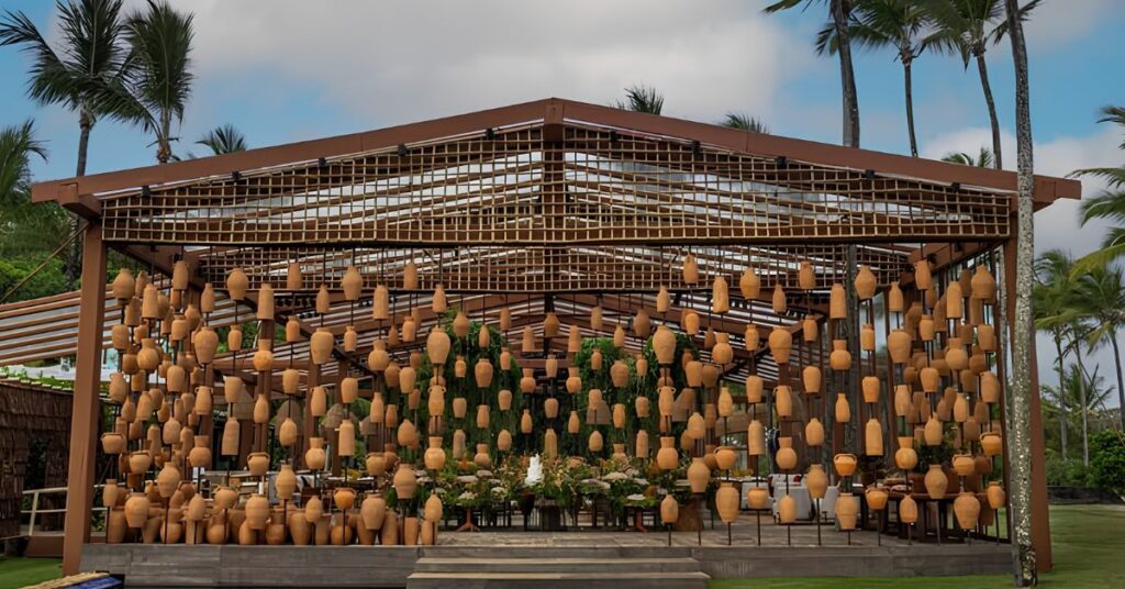 Eco-friendly event decor using wood, fabric, greenery, and sustainable materials.