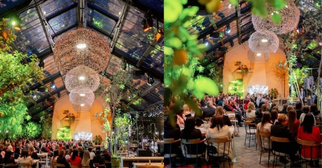 Modern sustainable corporate event venue with eco-friendly architecture and natural lighting.